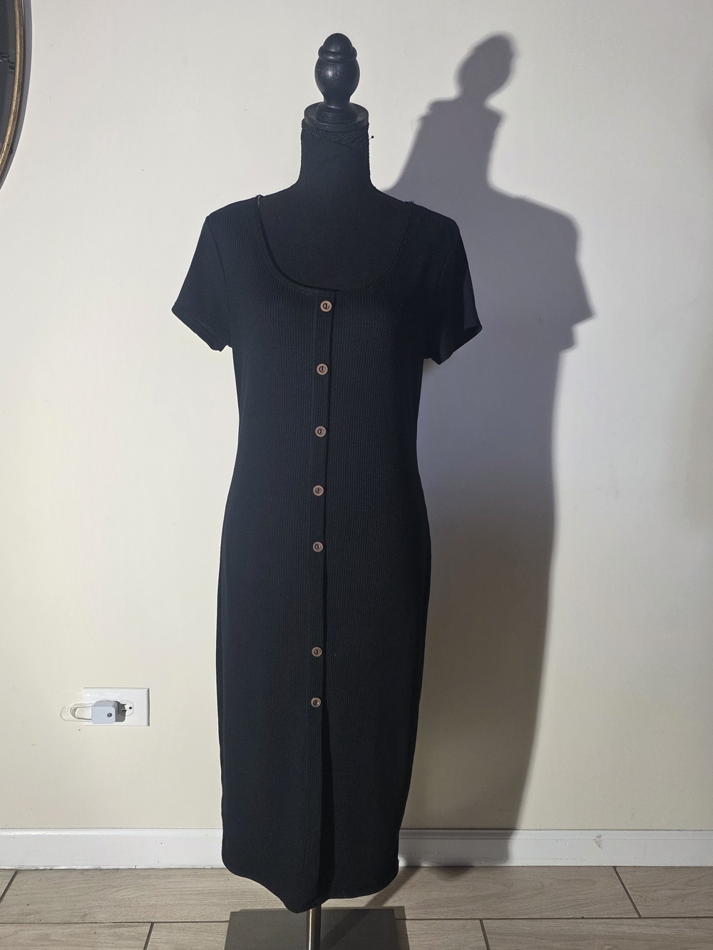 M. Fasis Scoop Neck Black Button-Front Midi Dress (L)